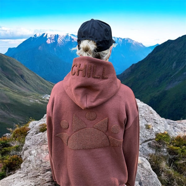 Zen Zip Chenille Applique Oversized Lux Hoodie in Mocha Mousse