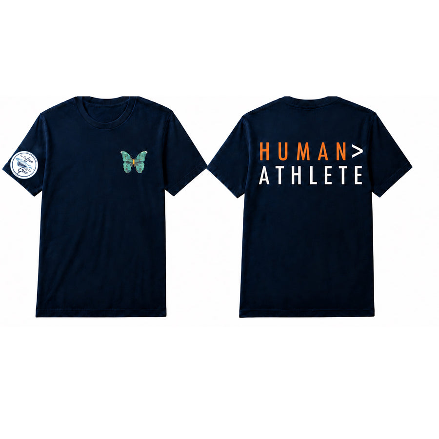 FLG X MORGAN'S MESSAGE HUMAN> ATHLETE NAVY TEE