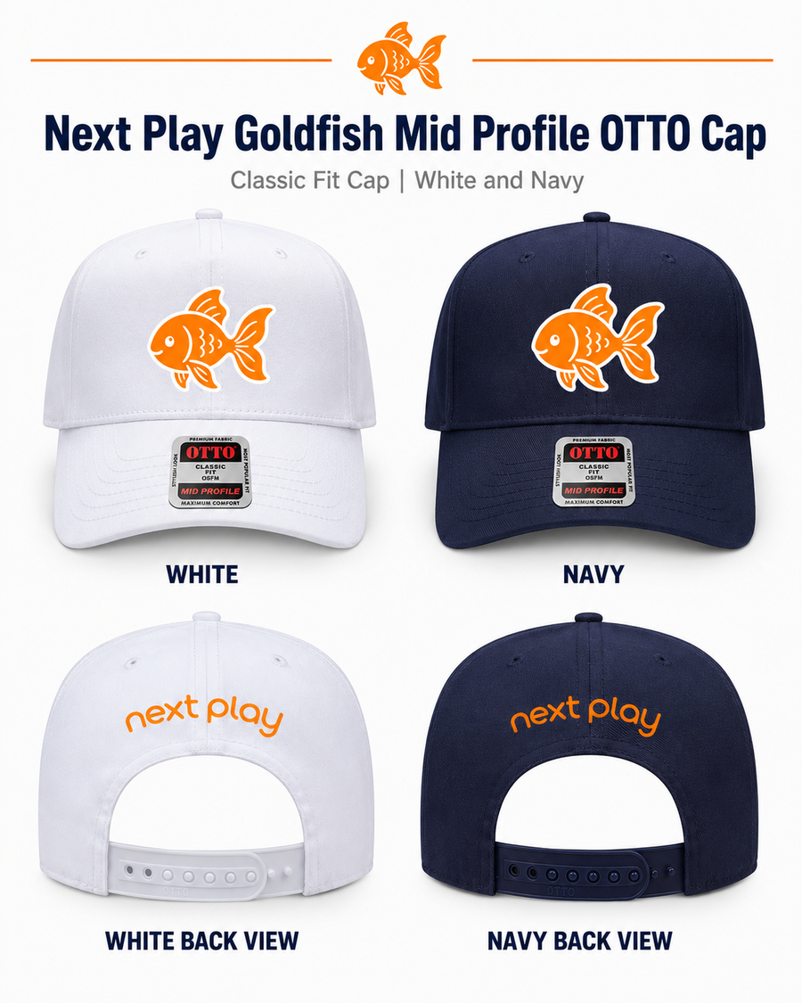 next play goldfish mid profile cap-white or navy -collab with OTTO cap