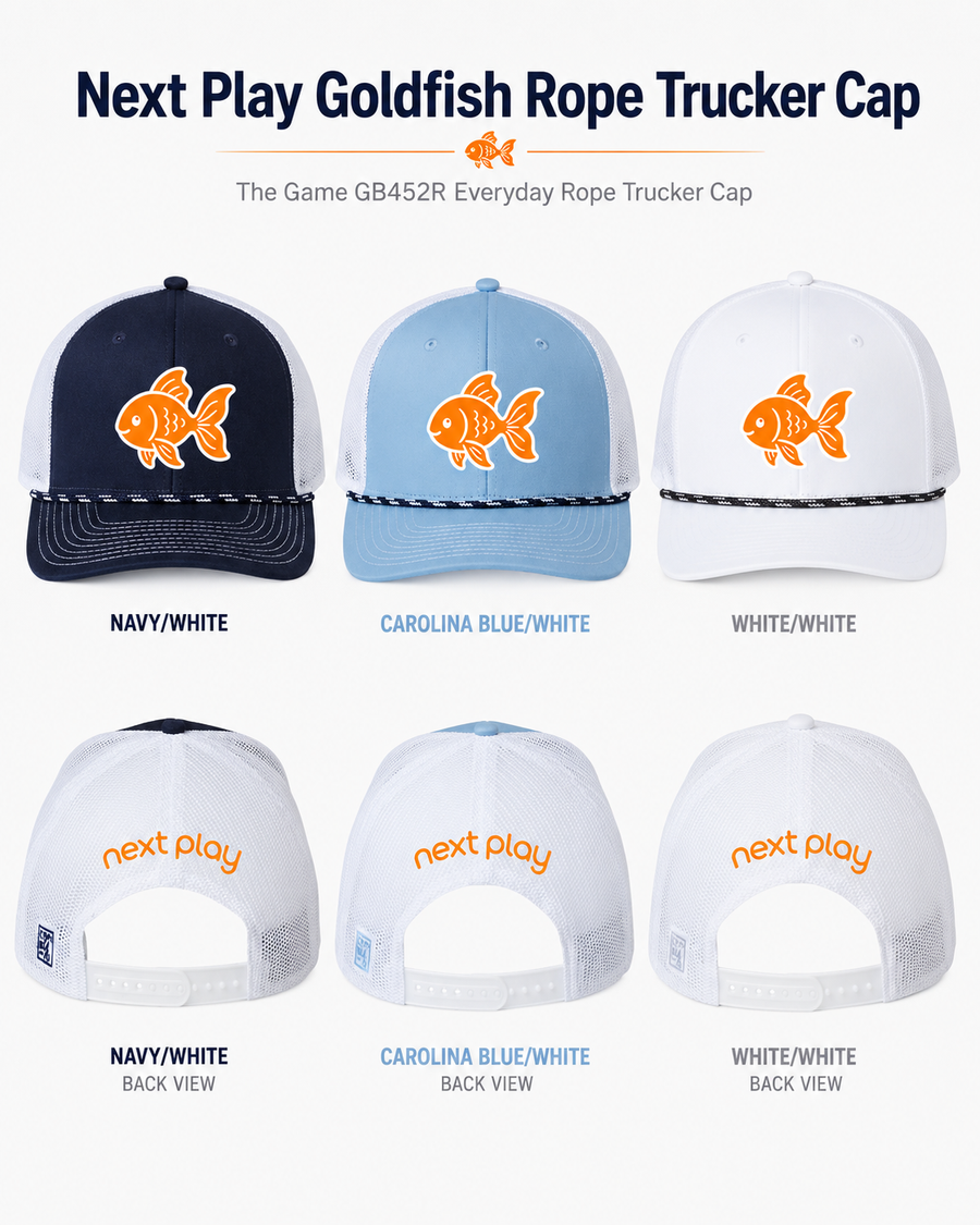 next play goldfish rope trucker cap-navy,white or columbia blue- collab with The Game