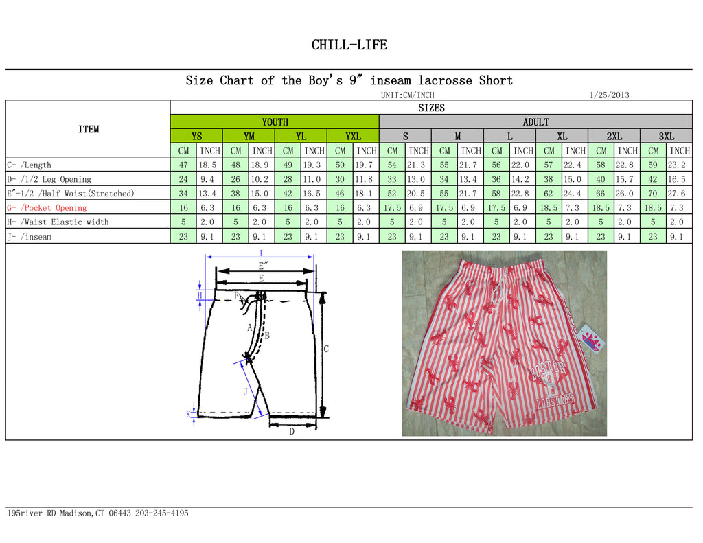CHILL-LIFE BOYS LACROSSE GAME SHORTS SIZE CHART